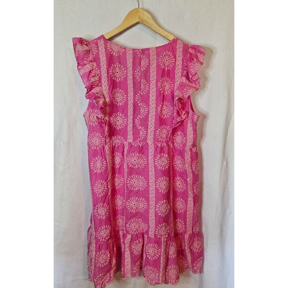 Umgee Embroidered Eyelet Pink and White Sundress Size XL Short Ruffled Sleeves - Picture 4 of 4